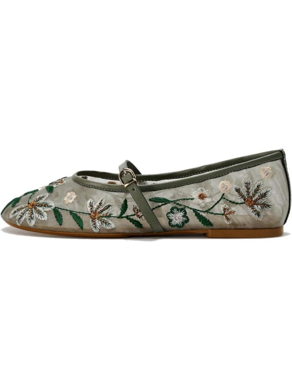 Floral Embroidered Mesh Ballet Flats for Women | Round Toe Mary Jane Style